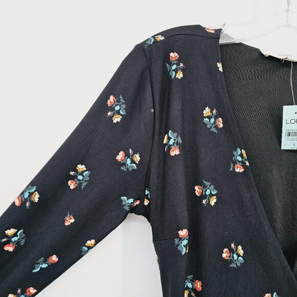 Loft Petites True Wrap Dress SP Black Colorful Floral Petaled Long Sleeve New - Picture 3 of 12